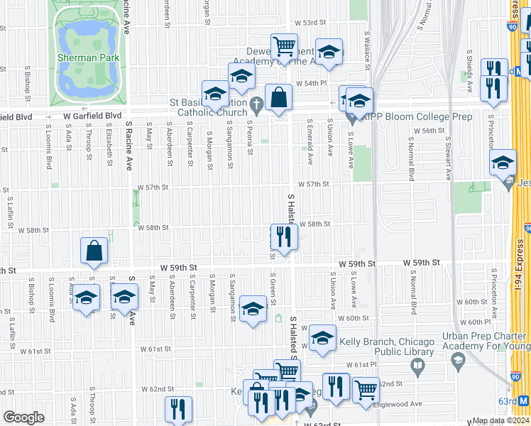 map of restaurants, bars, coffee shops, grocery stores, and more near 5722 South Green Street in Chicago