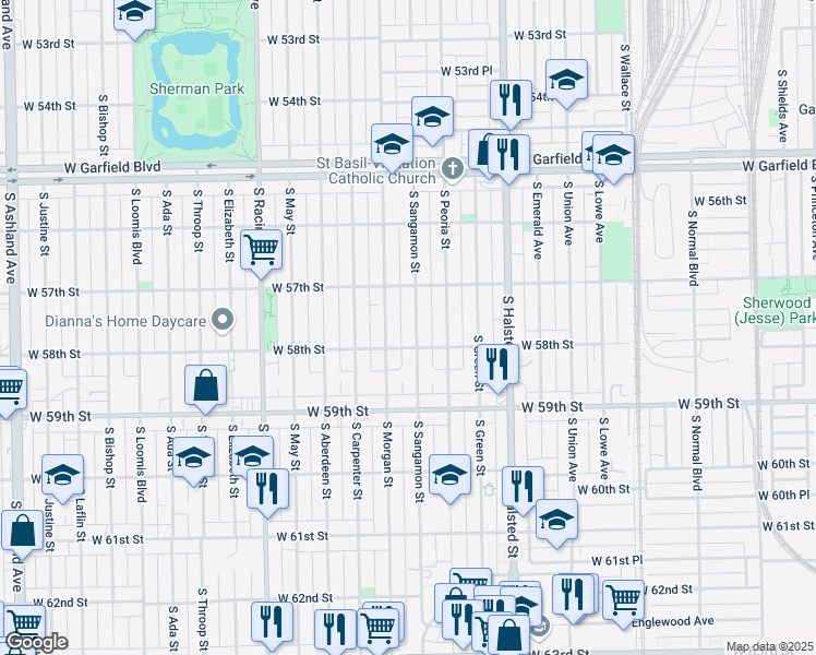 map of restaurants, bars, coffee shops, grocery stores, and more near 5719 South Morgan Street in Chicago