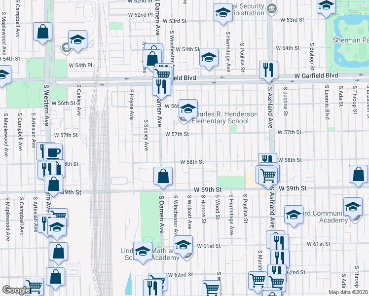 map of restaurants, bars, coffee shops, grocery stores, and more near 5706 South Wolcott Avenue in Chicago