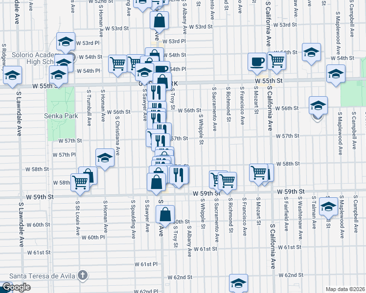 map of restaurants, bars, coffee shops, grocery stores, and more near 3120 West 57th Street in Chicago
