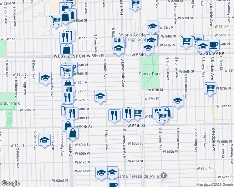 map of restaurants, bars, coffee shops, grocery stores, and more near 3728 West 57th Street in Chicago
