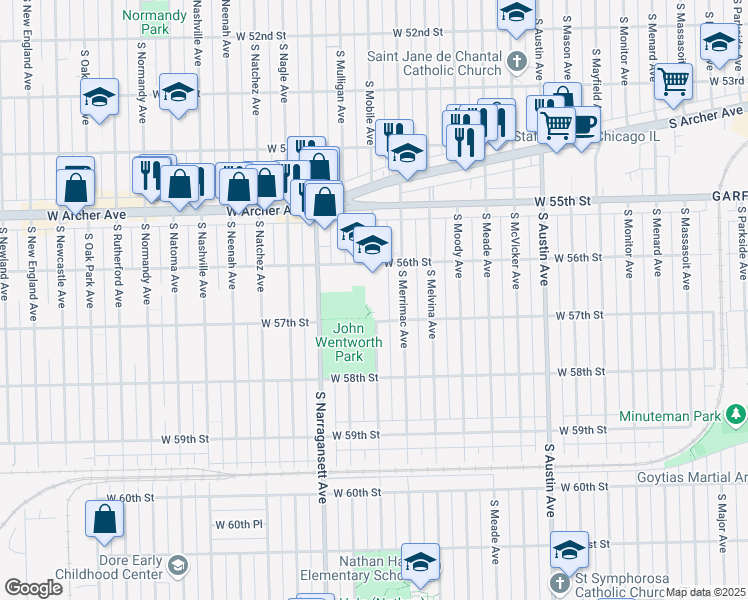 map of restaurants, bars, coffee shops, grocery stores, and more near 6325 West 56th Street in Chicago