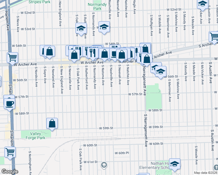 map of restaurants, bars, coffee shops, grocery stores, and more near 5613 South Natoma Avenue in Chicago