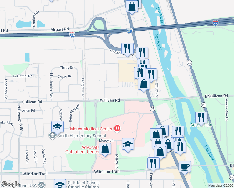 map of restaurants, bars, coffee shops, grocery stores, and more near 416 South Lincolnway Street in North Aurora