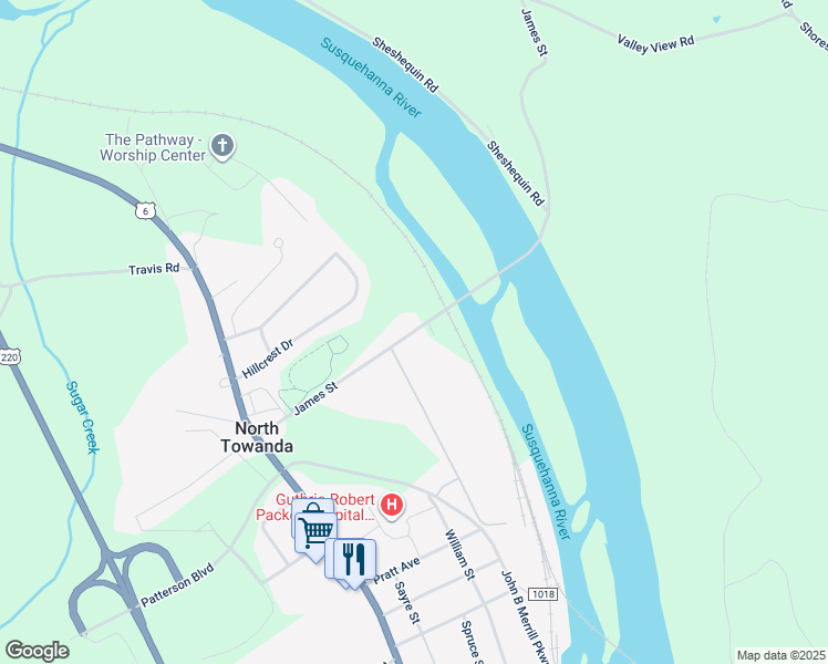 map of restaurants, bars, coffee shops, grocery stores, and more near James Street in Towanda