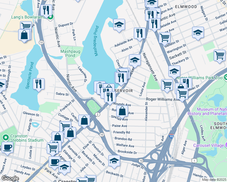 map of restaurants, bars, coffee shops, grocery stores, and more near 1 Pontiac Avenue in Providence