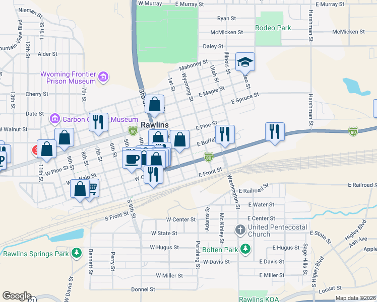 map of restaurants, bars, coffee shops, grocery stores, and more near 111 West Buffalo Street in Rawlins
