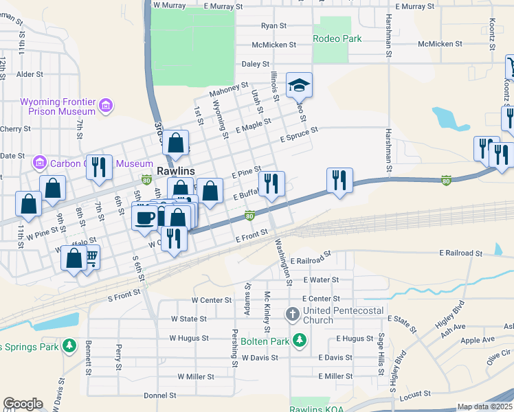 map of restaurants, bars, coffee shops, grocery stores, and more near 222 East Buffalo Street in Rawlins
