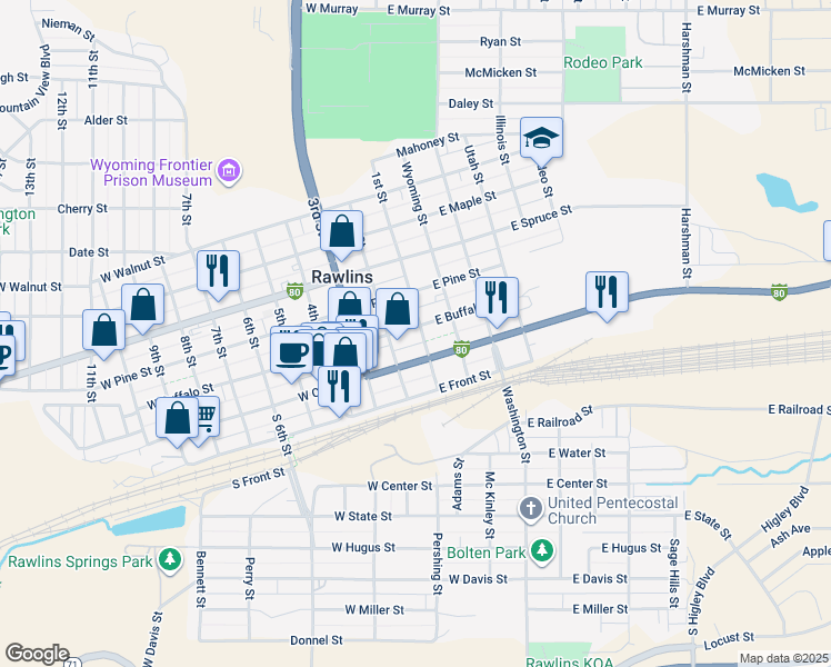 map of restaurants, bars, coffee shops, grocery stores, and more near 102 West Buffalo Street in Rawlins