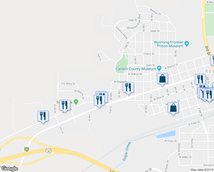 map of restaurants, bars, coffee shops, grocery stores, and more near 542 16th Street in Rawlins