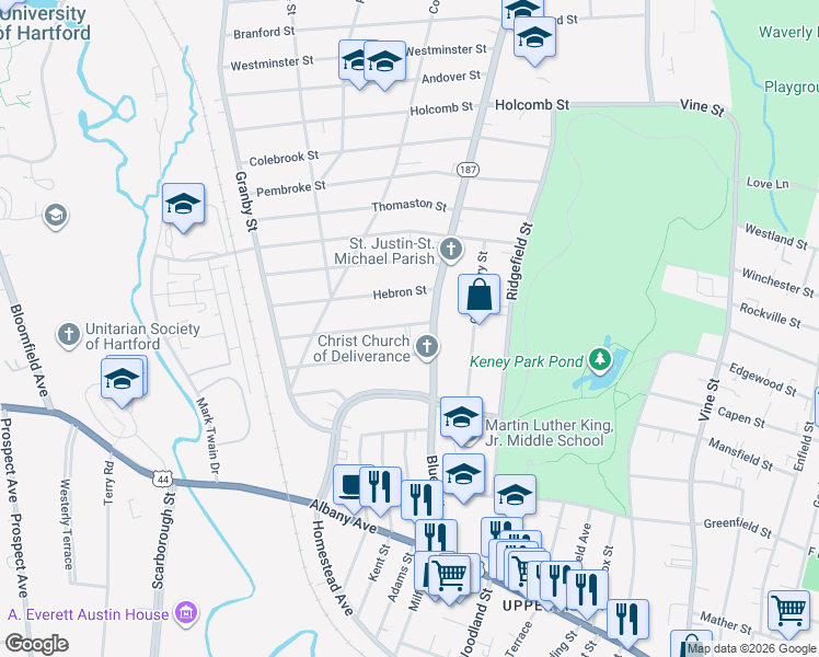 map of restaurants, bars, coffee shops, grocery stores, and more near in Hartford