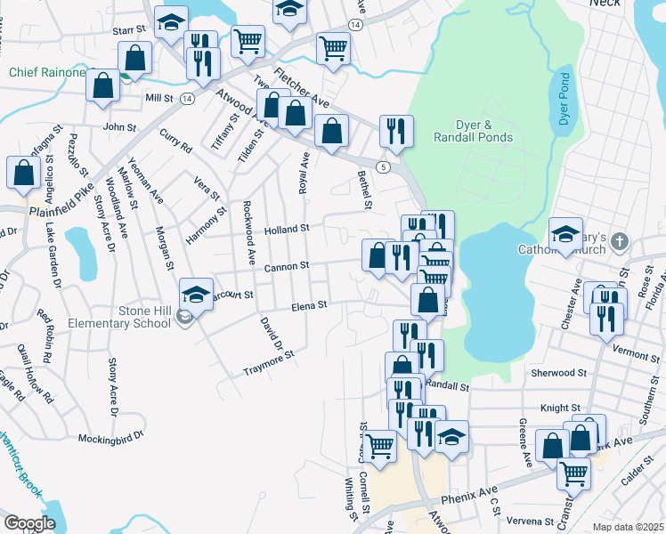 map of restaurants, bars, coffee shops, grocery stores, and more near 135 Cannon Street in Cranston