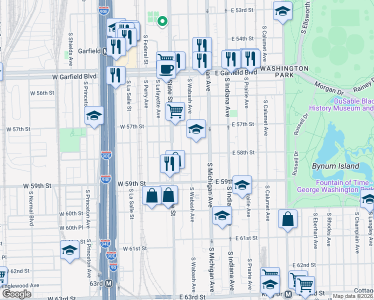 map of restaurants, bars, coffee shops, grocery stores, and more near 5754 South Wabash Avenue in Chicago