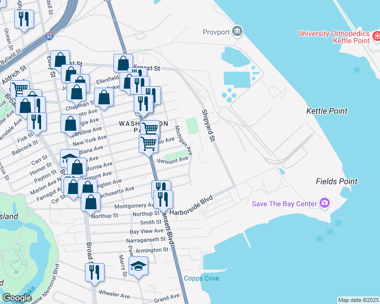 map of restaurants, bars, coffee shops, grocery stores, and more near Michigan Avenue in Providence