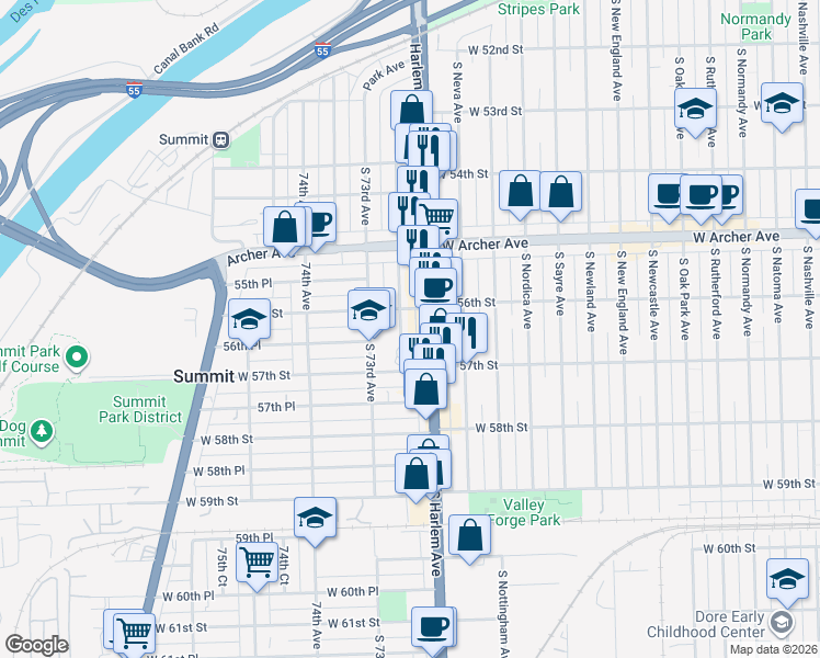 map of restaurants, bars, coffee shops, grocery stores, and more near 5601 South 72nd Court in Summit