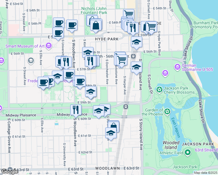 map of restaurants, bars, coffee shops, grocery stores, and more near 5751 South Dorchester Avenue in Chicago