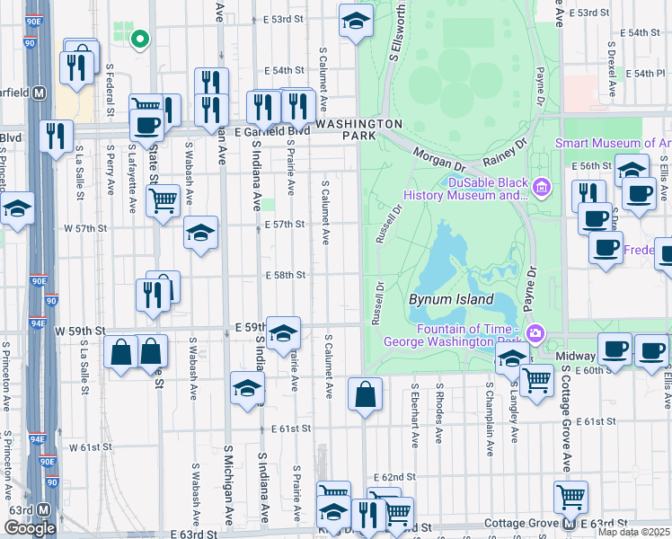 map of restaurants, bars, coffee shops, grocery stores, and more near 5730 South King Drive in Chicago