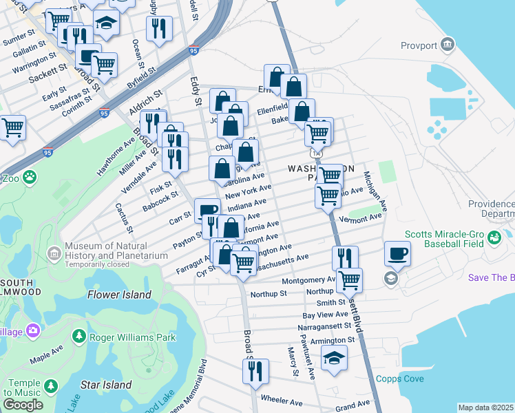 map of restaurants, bars, coffee shops, grocery stores, and more near 266 Indiana Avenue in Providence