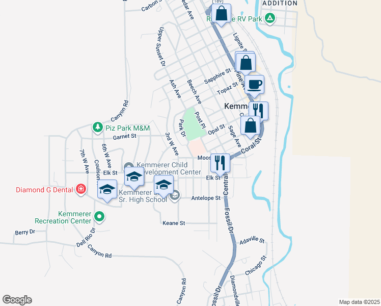 map of restaurants, bars, coffee shops, grocery stores, and more near 1001 Park Drive in Kemmerer
