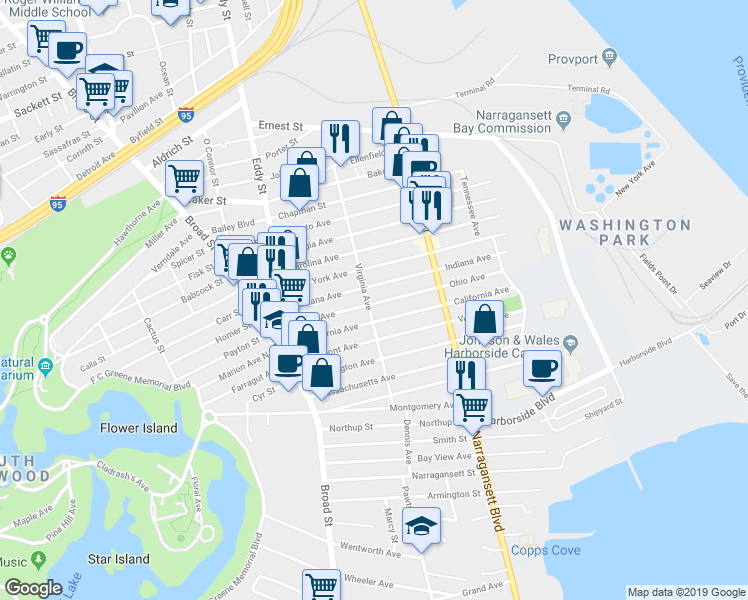 map of restaurants, bars, coffee shops, grocery stores, and more near 210 Indiana Avenue in Providence
