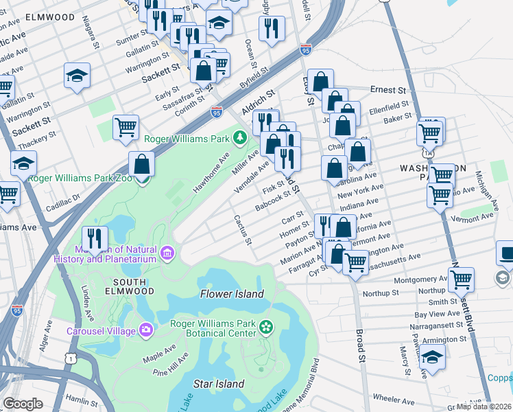 map of restaurants, bars, coffee shops, grocery stores, and more near 52 Fisk Street in Providence