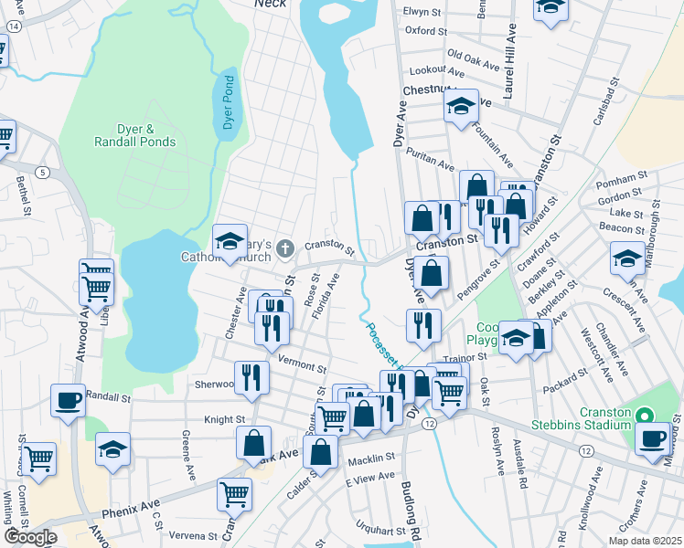 map of restaurants, bars, coffee shops, grocery stores, and more near 3 Haven Avenue in Cranston