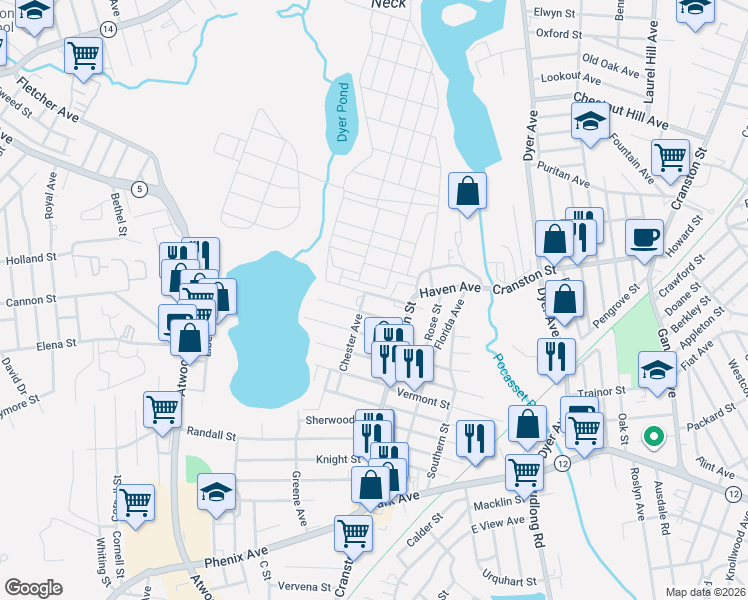 map of restaurants, bars, coffee shops, grocery stores, and more near 94 Chester Avenue in Cranston