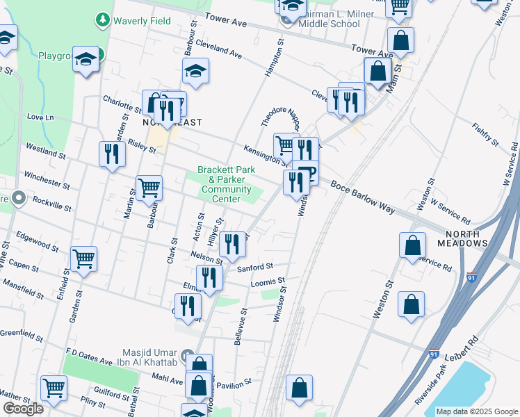 map of restaurants, bars, coffee shops, grocery stores, and more near in Hartford