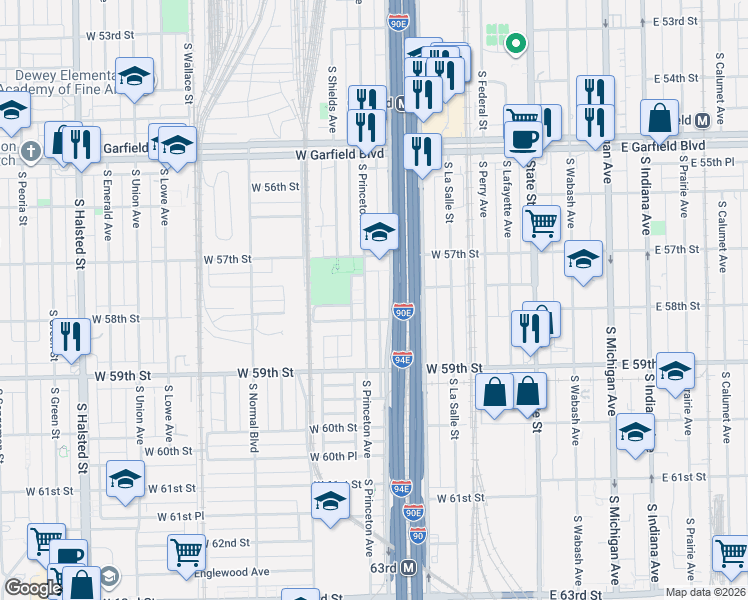 map of restaurants, bars, coffee shops, grocery stores, and more near 5726 South Princeton Avenue in Chicago