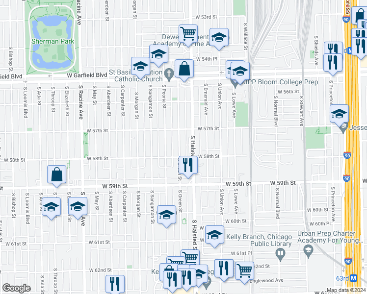 map of restaurants, bars, coffee shops, grocery stores, and more near 5718 South Green Street in Chicago