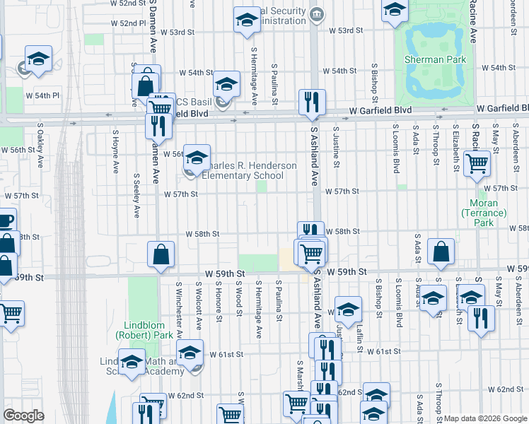 map of restaurants, bars, coffee shops, grocery stores, and more near 5710 South Paulina Street in Chicago