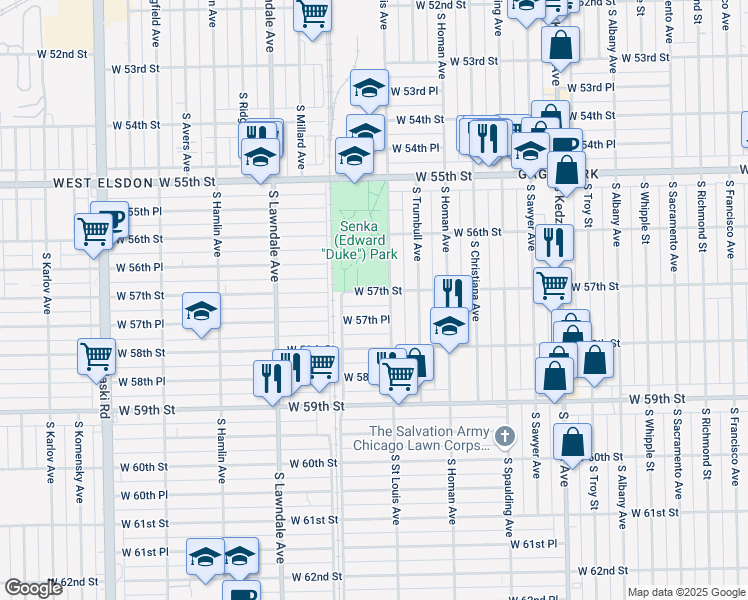 map of restaurants, bars, coffee shops, grocery stores, and more near 5649 South Saint Louis Avenue in Chicago