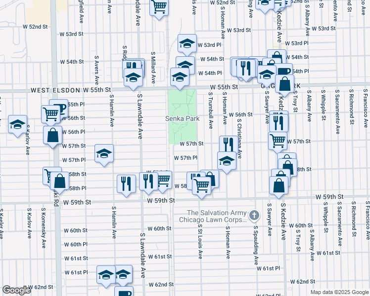 map of restaurants, bars, coffee shops, grocery stores, and more near 3541 West 57th Street in Chicago