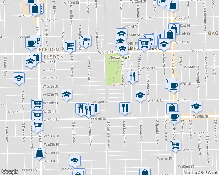 map of restaurants, bars, coffee shops, grocery stores, and more near 3541 West 57th Street in Chicago