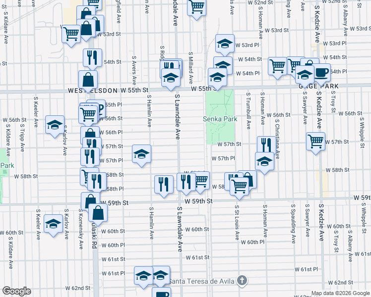 map of restaurants, bars, coffee shops, grocery stores, and more near 3650 West 57th Street in Chicago
