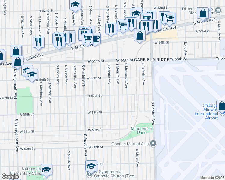 map of restaurants, bars, coffee shops, grocery stores, and more near 5623 South Monitor Avenue in Chicago