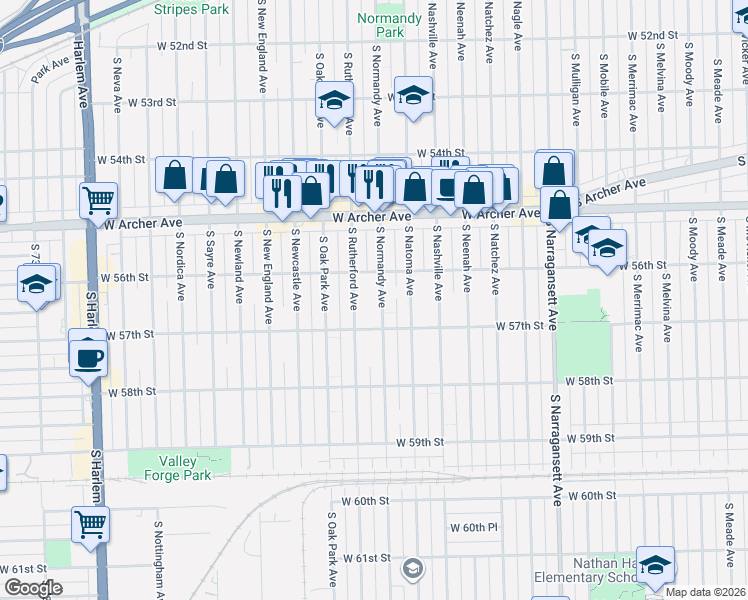 map of restaurants, bars, coffee shops, grocery stores, and more near 5613 South Normandy Avenue in Chicago