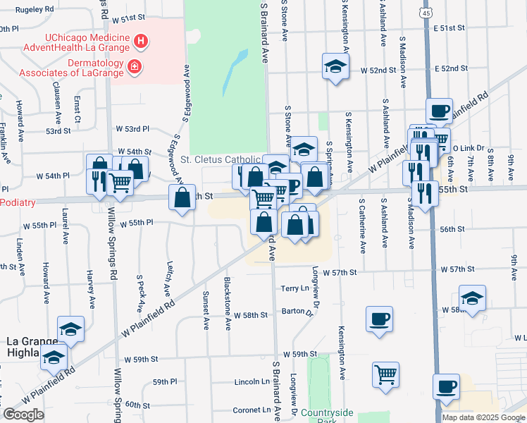 map of restaurants, bars, coffee shops, grocery stores, and more near 901 West 55th Street in Countryside