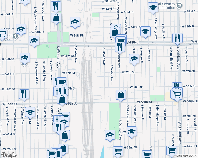 map of restaurants, bars, coffee shops, grocery stores, and more near 5729 South Hamilton Avenue in Chicago