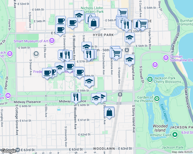 map of restaurants, bars, coffee shops, grocery stores, and more near 5801 South Kenwood Avenue in Chicago