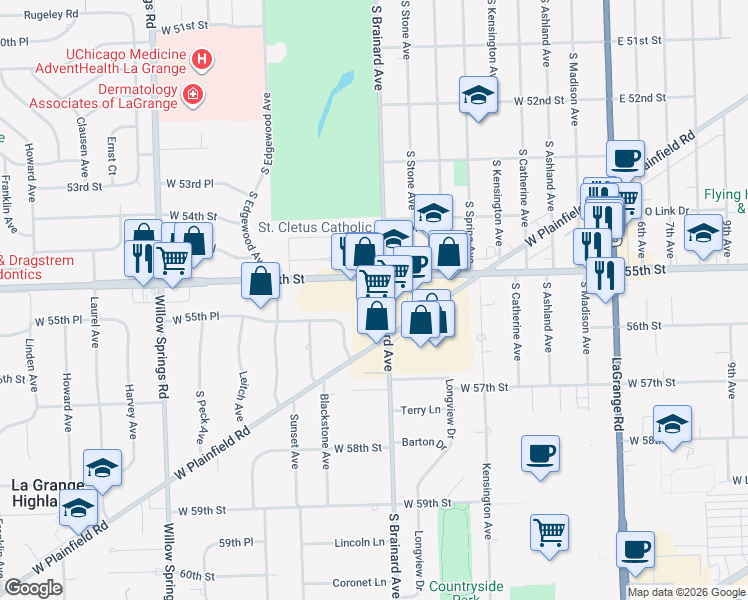 map of restaurants, bars, coffee shops, grocery stores, and more near 901 West 55th Street in Countryside