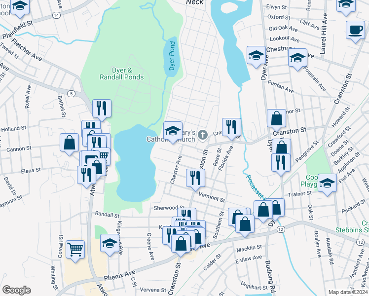 map of restaurants, bars, coffee shops, grocery stores, and more near 94 Chester Avenue in Cranston