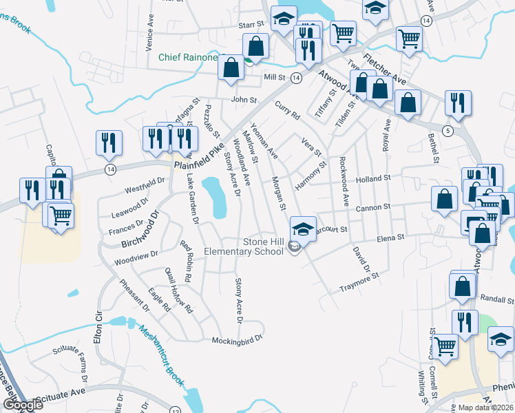 map of restaurants, bars, coffee shops, grocery stores, and more near 130 Woodland Avenue in Cranston