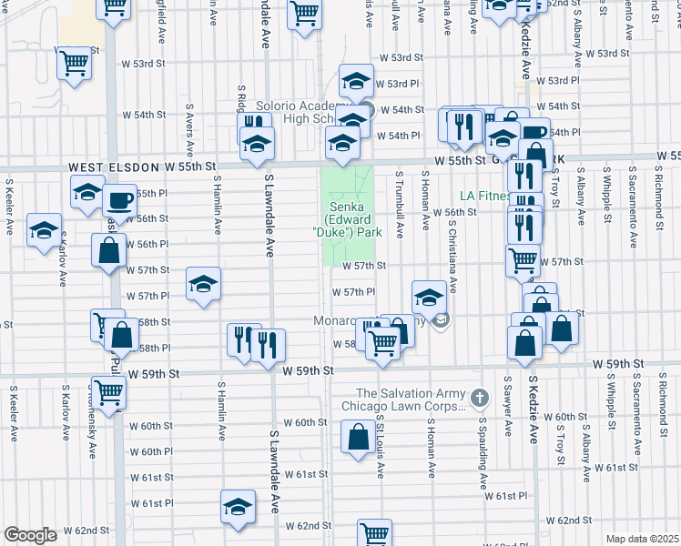 map of restaurants, bars, coffee shops, grocery stores, and more near 3541 West 57th Street in Chicago