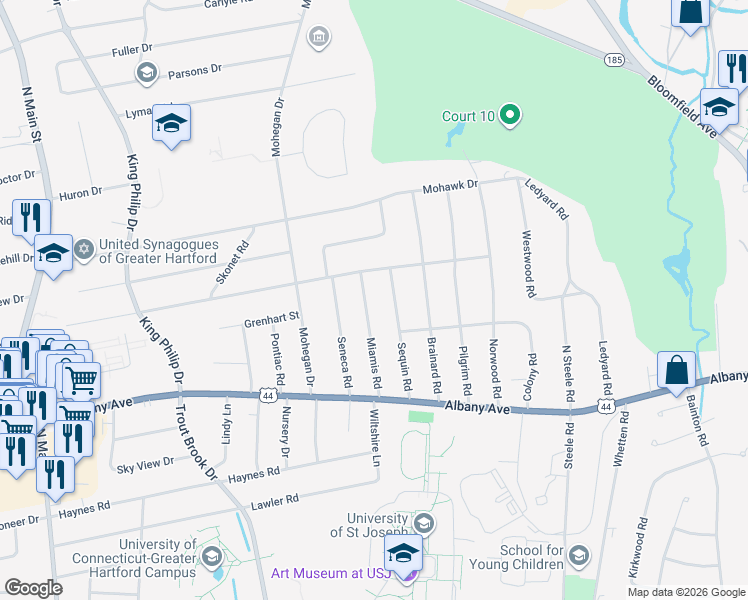 map of restaurants, bars, coffee shops, grocery stores, and more near 53 Sequin Road in West Hartford