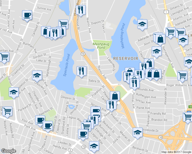 map of restaurants, bars, coffee shops, grocery stores, and more near 22 Molter Street in Cranston