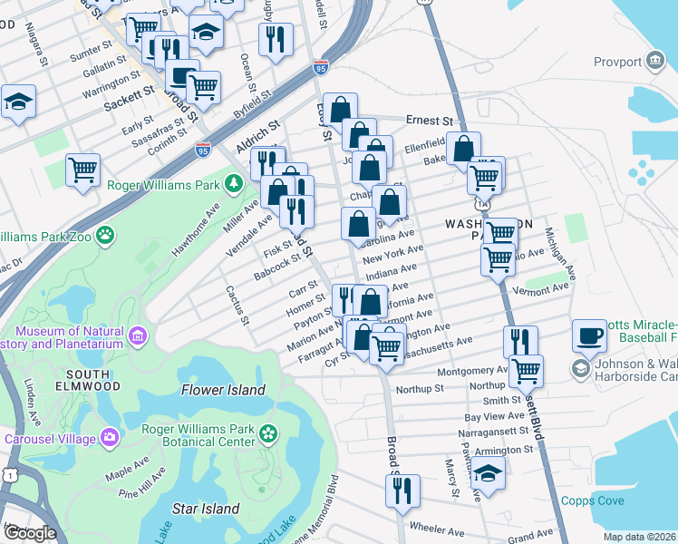 map of restaurants, bars, coffee shops, grocery stores, and more near 1295 Eddy Street in Providence