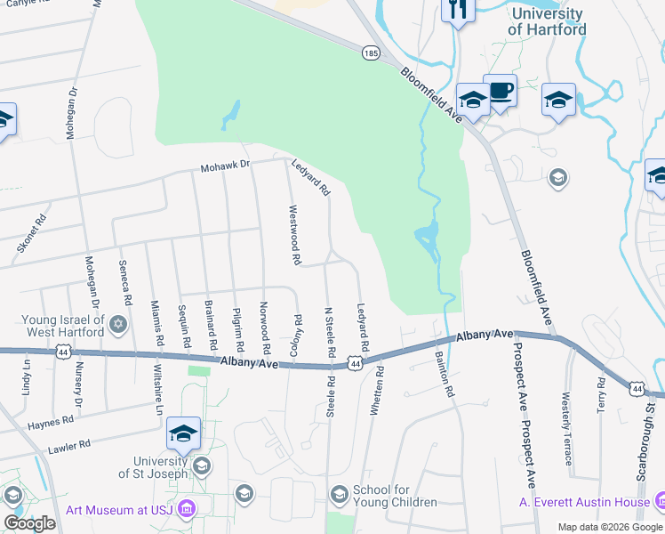 map of restaurants, bars, coffee shops, grocery stores, and more near 61 Ledyard Road in West Hartford