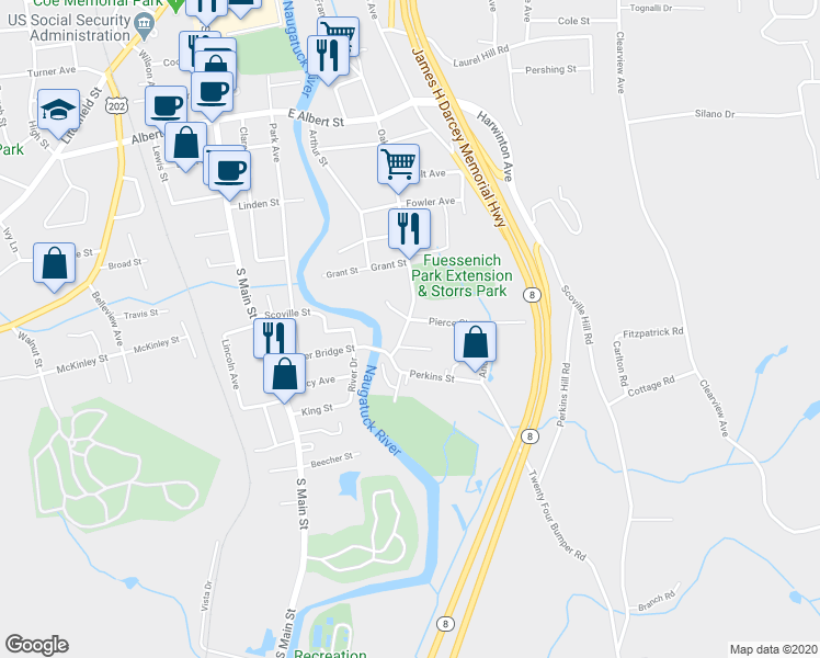 map of restaurants, bars, coffee shops, grocery stores, and more near 407 Oak Avenue in Torrington