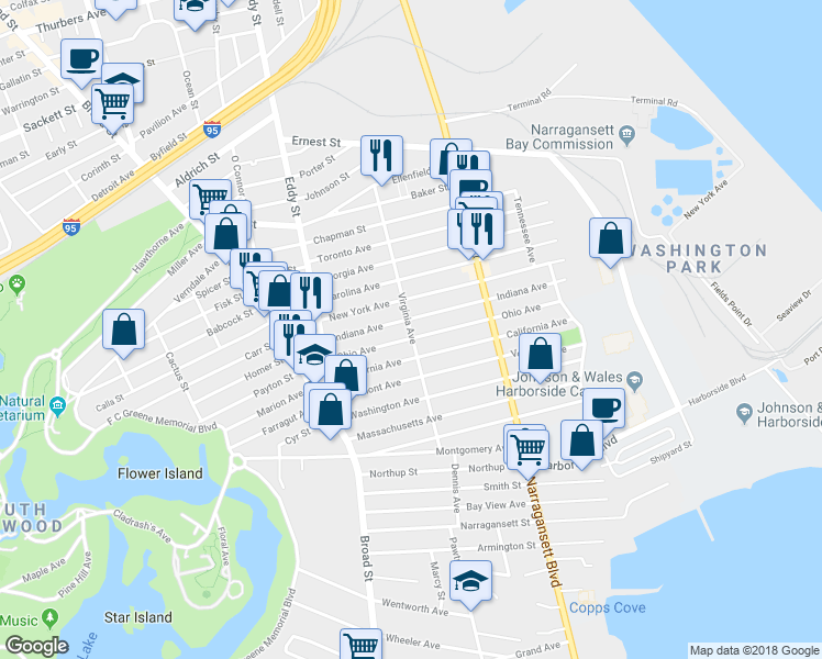 map of restaurants, bars, coffee shops, grocery stores, and more near 122 Virginia Avenue in Providence